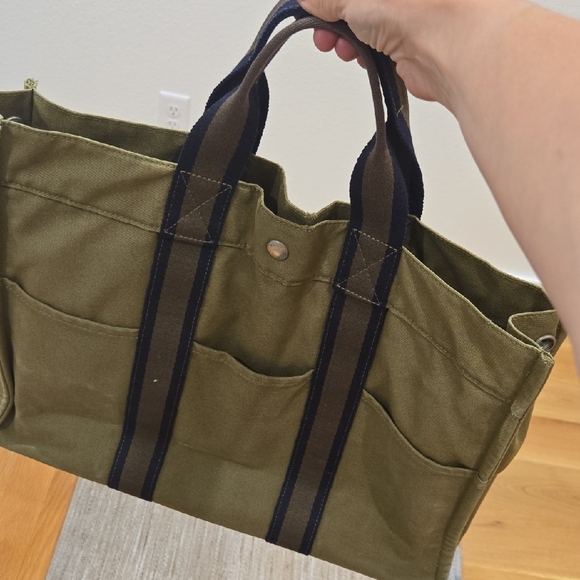 Hermes Green Canvas Tote with Navy Stripes, French Chic, Unisex, GUC - Picture 3 of 11